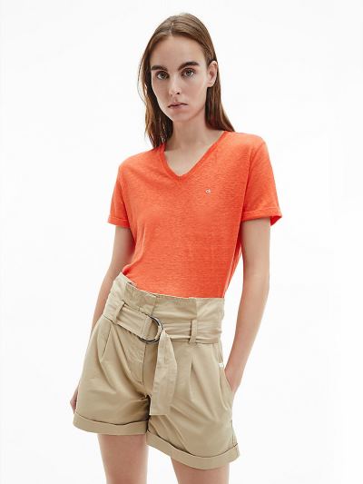 Calvin Klein Ruhák HU315645 | Calvin Klein Linen V-Neck Női Póló Narancssárga